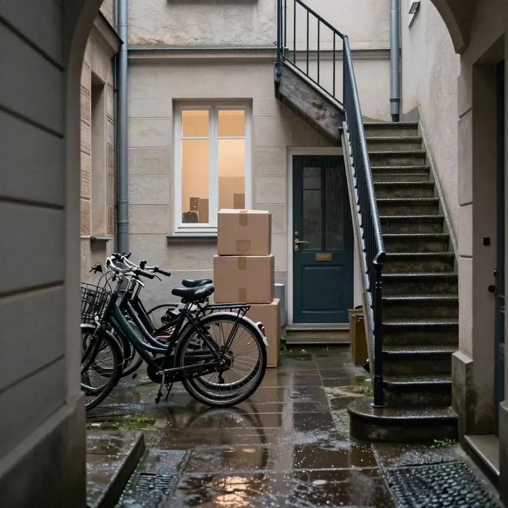 Cortile berlinese piovoso con biciclette, scale di pietra e scatoloni vicino a un ingresso illuminato.