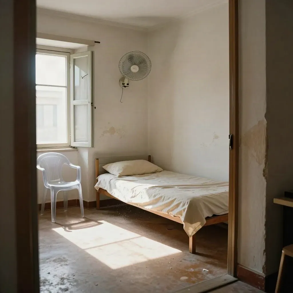 Monolocale ateniese spoglio con letto basso, sedia di plastica, finestra aperta e luce dura.