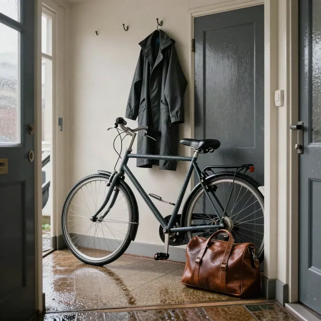 Ingresso olandese con bici, impermeabile e borsa da lavoro sul pavimento bagnato dalla pioggia.