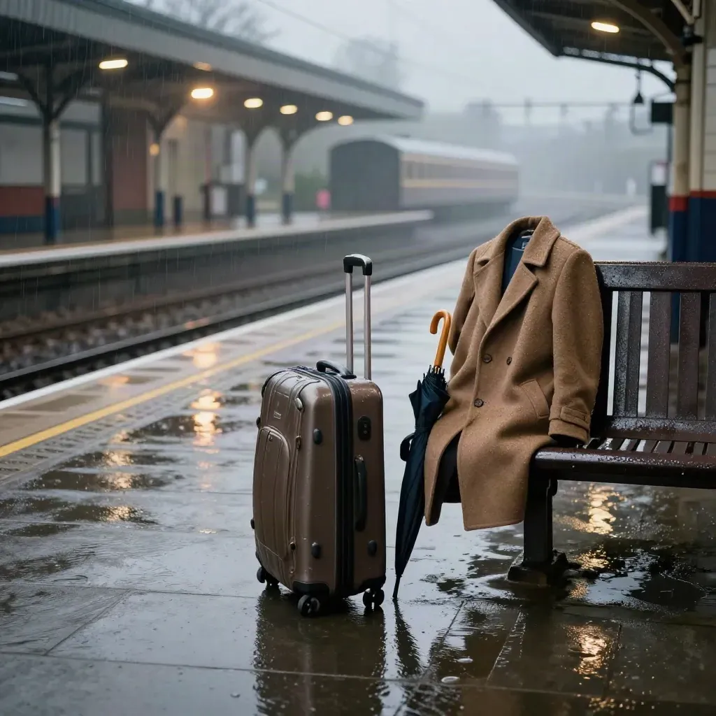Marciapiede bagnato in stazione britannica con valigia, ombrello e panchina sotto la pioggia.