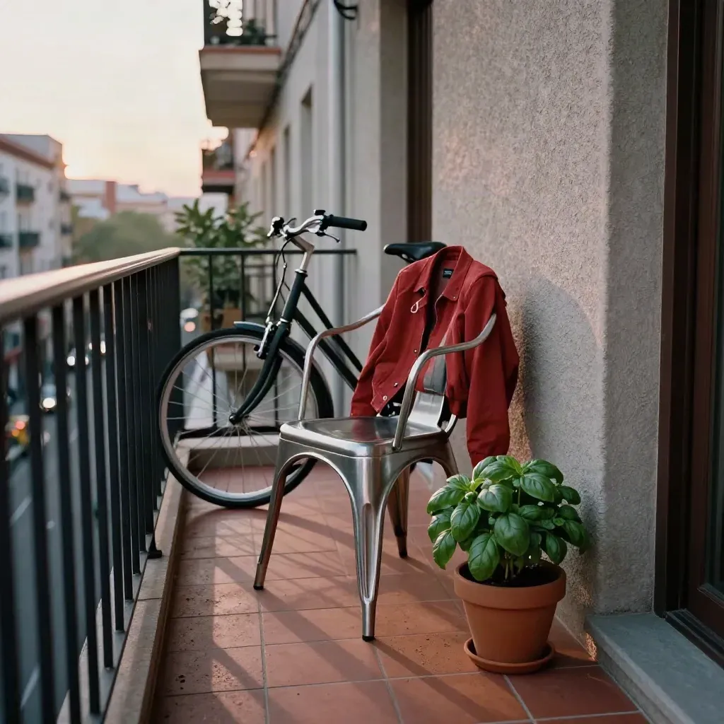 Balcone condiviso a Madrid con bici, sedia metallica, giacca e basilico al tramonto.