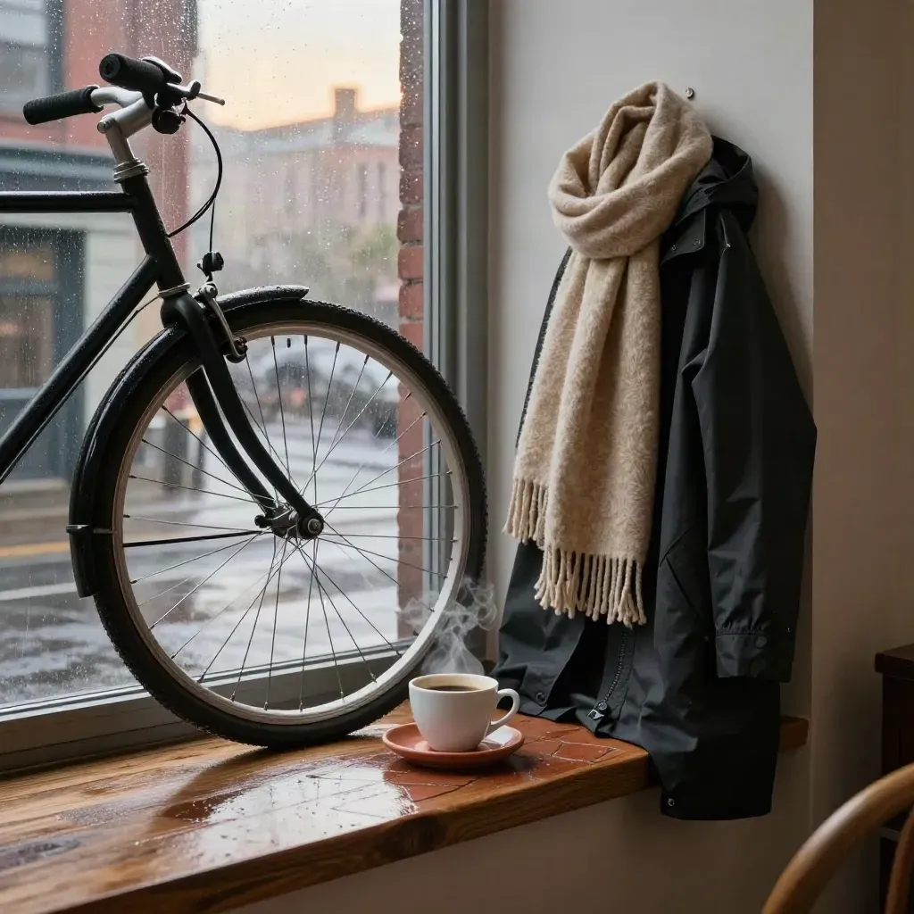 Angolo di casa con ruota di bici, caffè, sciarpa di lana e impermeabile vicino alla finestra.