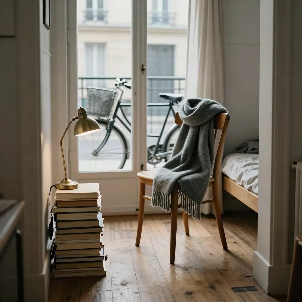 Stanza studentesca a Parigi con libri chiusi, sciarpa su una sedia e bici fuori dalla finestra.