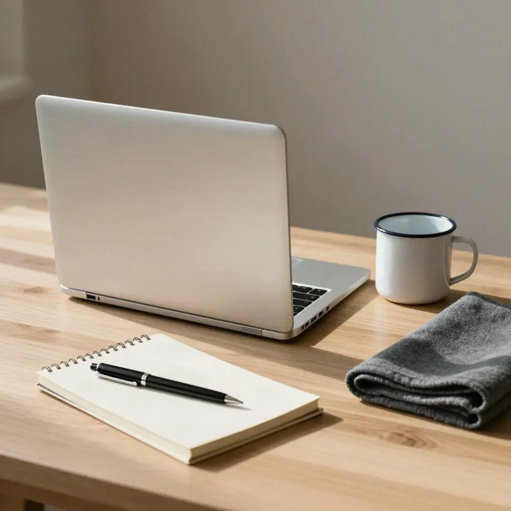 Laptop chiuso, taccuino, penna e tazza smaltata su legno chiaro, luce soffusa.