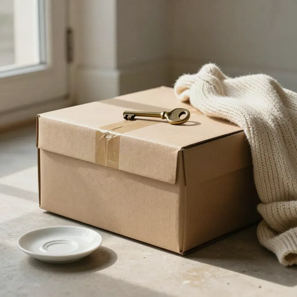 Scatola da trasloco, chiave di casa, maglione piegato e piattino su pavimento chiaro vicino alla porta.